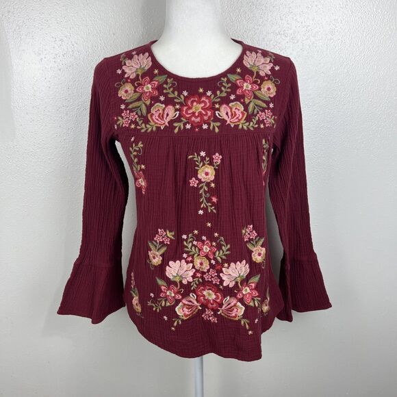 Andree by Unit Boho Blouse Women Small Maroon Floral Embroidered Long Sleeve Top - Picture 14 of 14